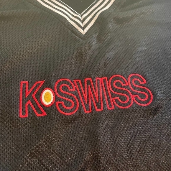 Vintage K-Swiss Jersey Shirt Womens Small Medium USA V-Neck Embroidered Black - Picture 3 of 14